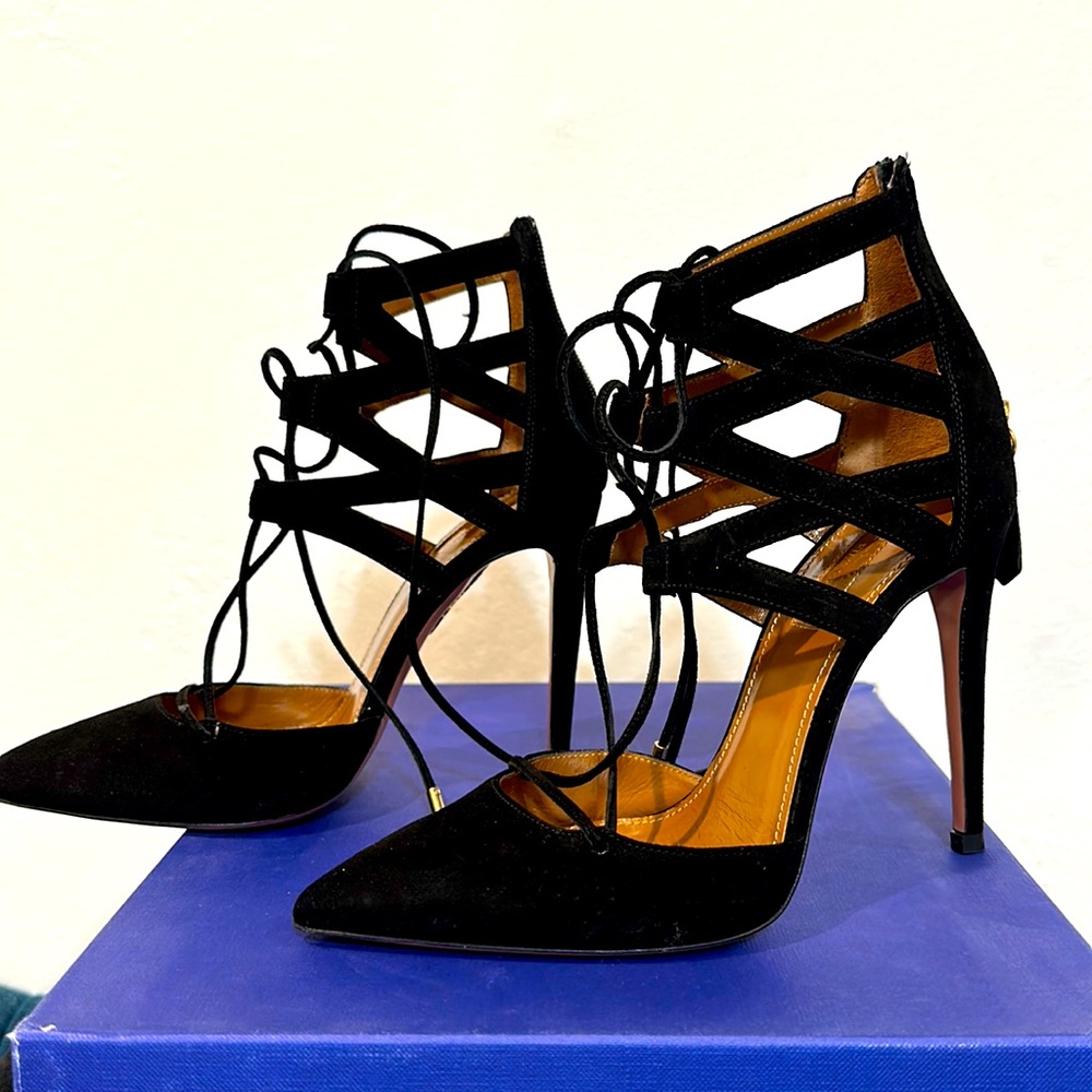 Unworn/NIB AQUAZZURA BELGRAVIA SUEDE HEELS Black Size 5/35 (Mob Wife Aesthetic)